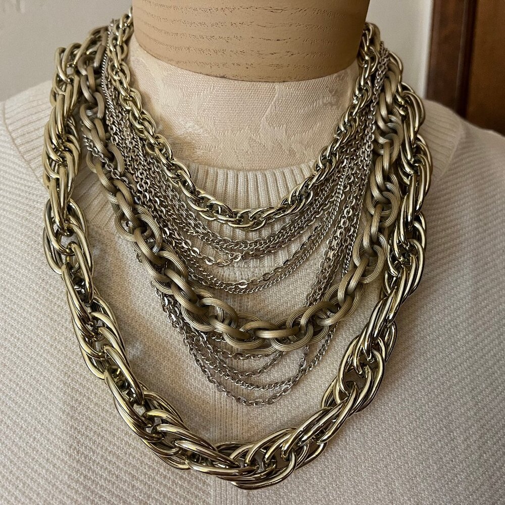 Vintage 1980's Multi Strand Gold and Silver Necklace with Unique Leaf Clasp